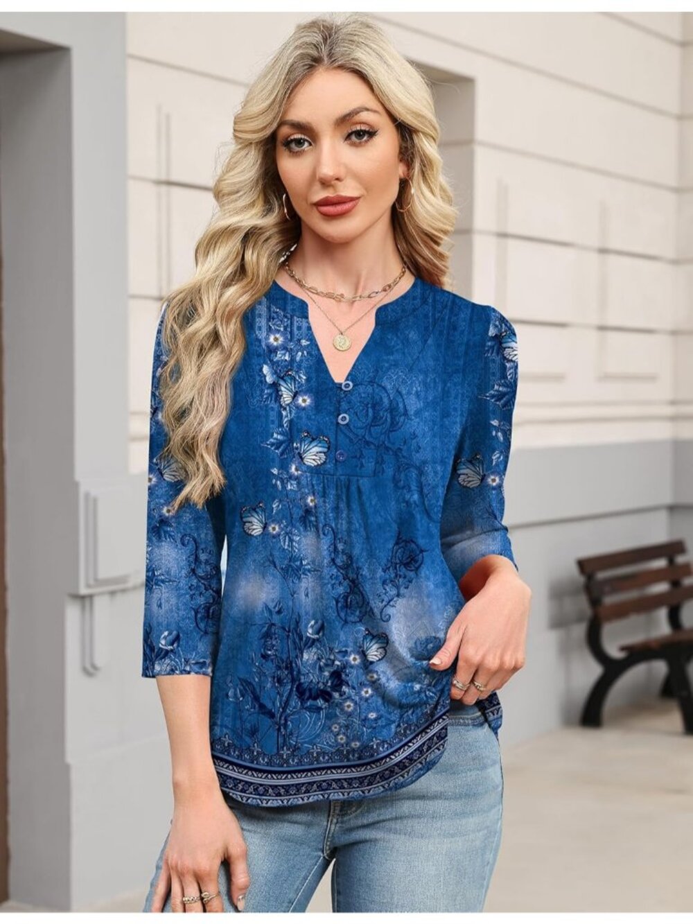 Women's Navy Blue Long Sleeve Casual Henley V-Neck Floral T-Shirts Loose Fit